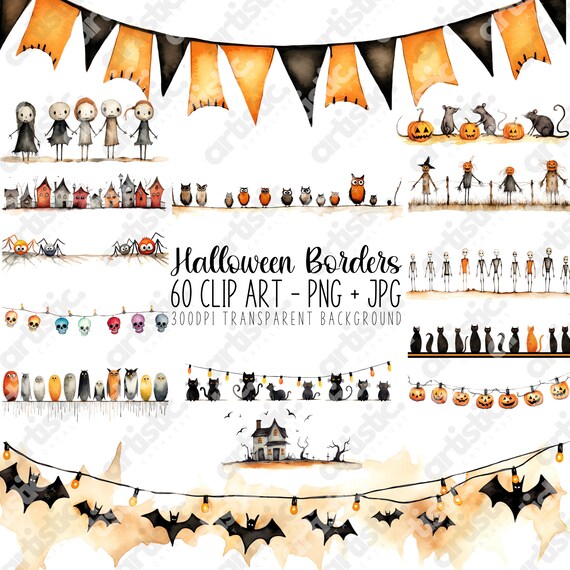 Watercolor Halloween Clipart Bundle: Witch, Pumpkin, Cat (PNG)