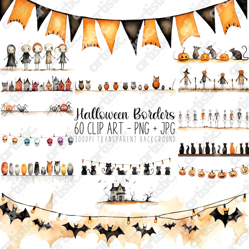 Watercolor Halloween clipart with witch and pumpkin, high-resolution PNG for digital download.