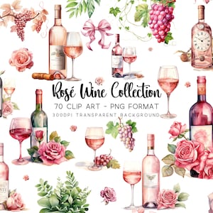 Rosé & Chardonnay Wein Clipart Bundle - 70 Aquarell Grafiken, perfekt für DIY-Projekte, transparente PNGs, 12x12 Zoll