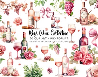 70 Rosé Wine Bundle Clipart Graphic Set | Watercolor Wine Graphics | Transparent PNG & JPG | 12x12", 300 DPI