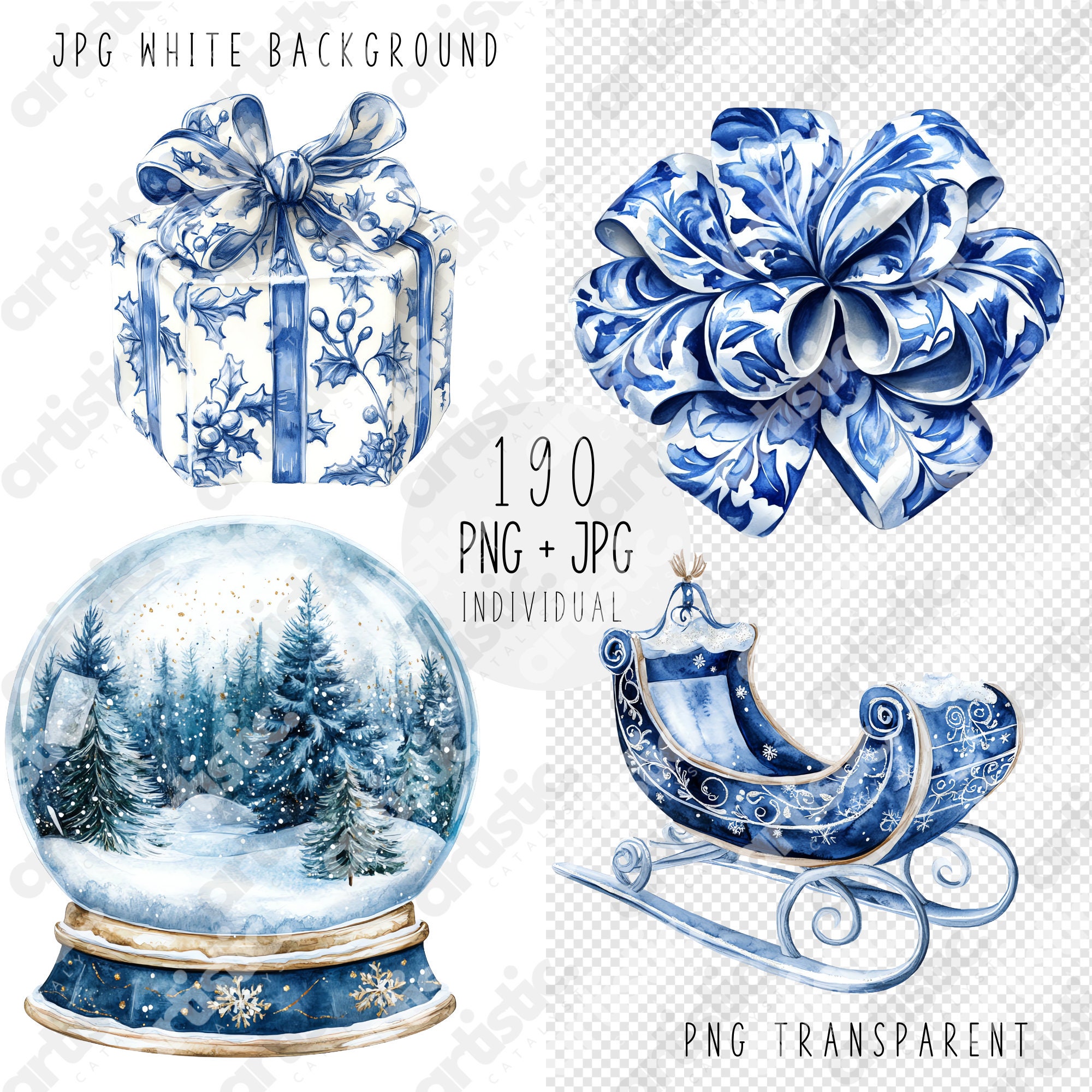 Christmas Delft Clipart: Blue & White Watercolor PNG Images (190) - Etsy