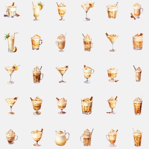 Horizontal and vertical alignment of Eggnog images file and Xmas Clipart. Single row display on a white backdrop showcasing the full Eggnog Latte clipart collection.