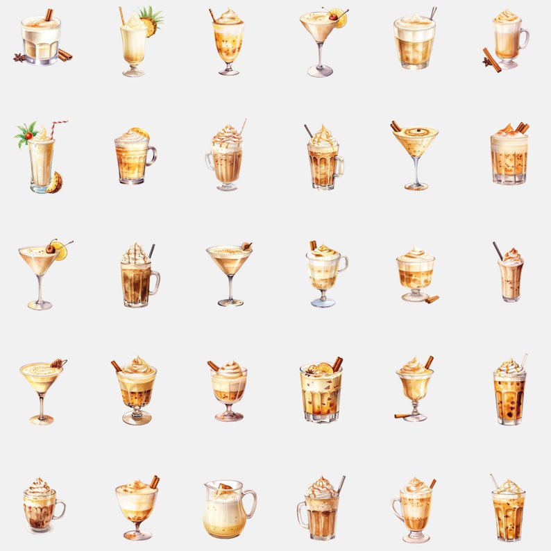 Horizontal and vertical alignment of Eggnog images file and Xmas Clipart. Single row display on a white backdrop showcasing the full Eggnog Latte clipart collection.
