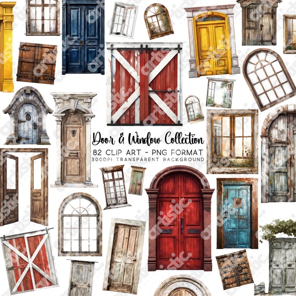 Door Clipart and Window Clip art, Vintage Art Deco Doors and Windows Ideal for Scrapbooking, Junk Journals and Digital Planners