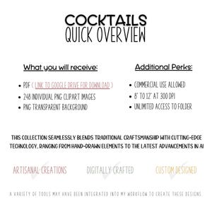 Text-based breakdown of what’s included in the cocktail clipart bundle, including quantity, format, and usage rights.