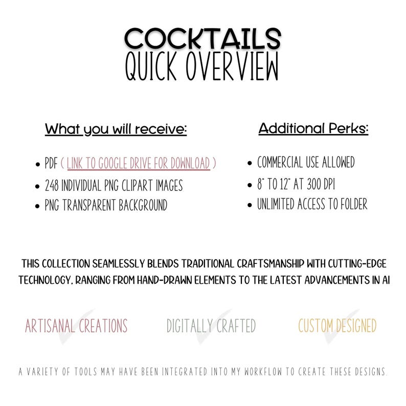 Text-based breakdown of what’s included in the cocktail clipart bundle, including quantity, format, and usage rights.