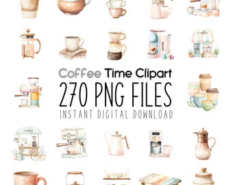 Könnte beinhalten: Aquarellillustrationen von Kaffeeartikeln, darunter Tassen, Kaffeemaschinen und ein Kaffeewagen. Der Text "Coffee Time Clipart" und "270 PNG FILES INSTANT DIGITAL DOWNLOAD" sind ebenfalls sichtbar.