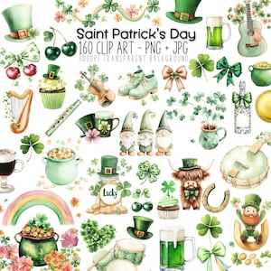Paquete de imágenes prediseñadas de trébol de cuatro hojas del Día de San Patricio, archivos PNG de celebración del Día de Irlanda, perfectos para decoraciones de bricolaje e invitaciones a fiestas.