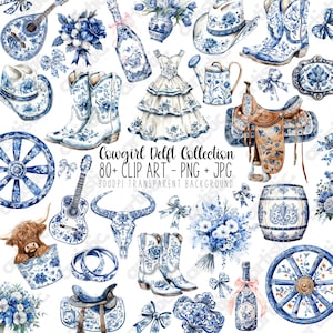 Cowgirl Delft Clipart Bundle - 80+ Western unter dem Motto blau und weiß Aquarell PNG, Cowgirl Stiefel, Cowboyhut, Boho Blumenhochzeitselemente
