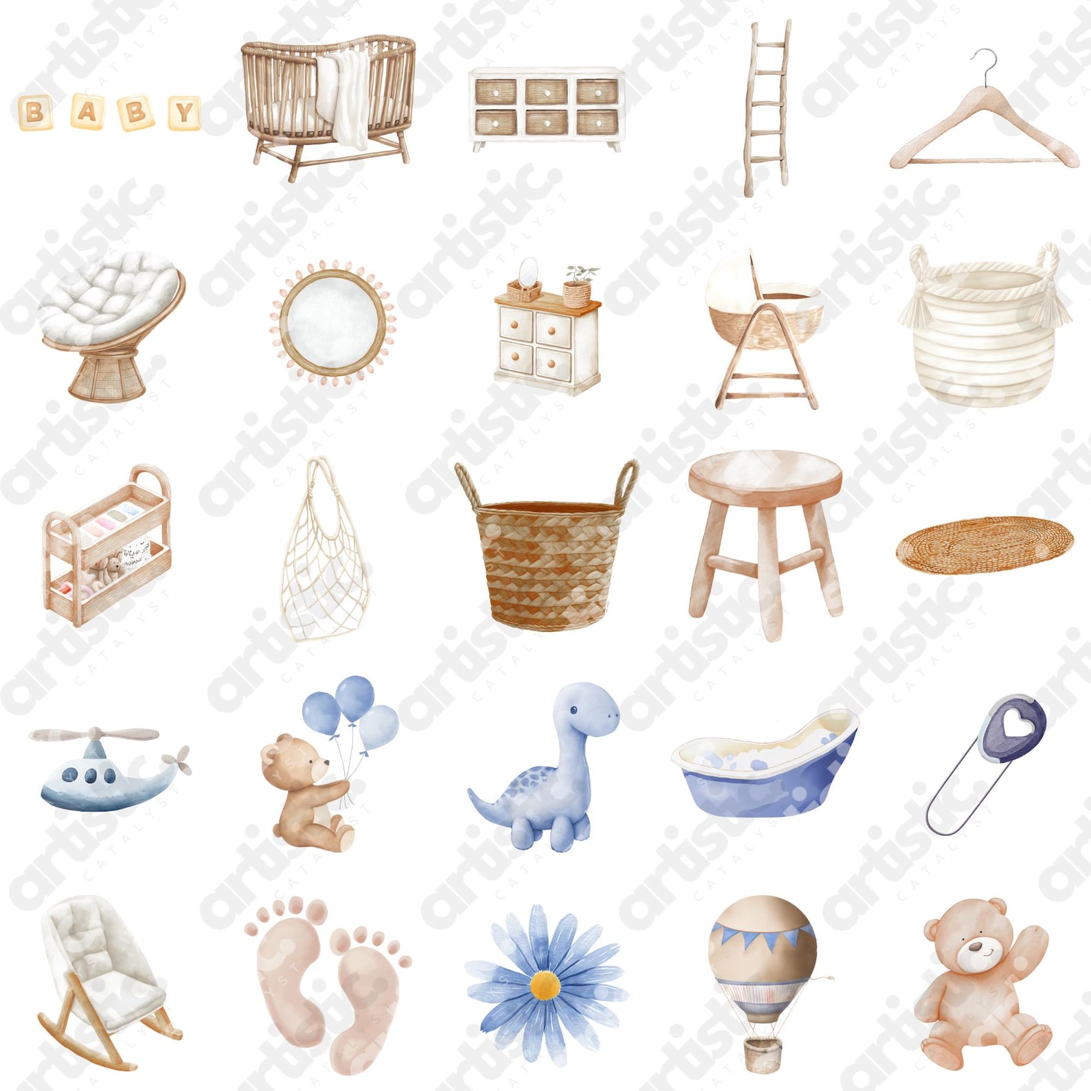 Blue Baby Shower Clipart Bundle: Watercolor PNG Prints (digital ...