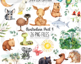 Akvarell australiska djur Clipart: Barnkammardekor PNG-paket