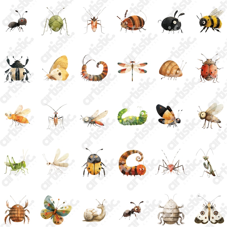 Black and chocolate brown watercolor insects, including spiders, transparent PNG format.
