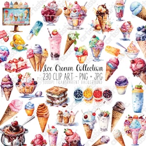 IJs clipart zomer dessertmenu - pastel aquarel png, wafel kegels, ijslollystokjes, ijscoupe feestdecoraties en zoete lekkernijen