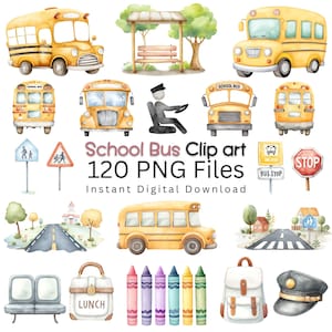 Może przedstawiać: Zestaw clipartów akwarelowych z żółtymi autobusami szkolnymi, znakami przystanków autobusowych, ilustracjami dróg i kierowcą autobusu. Tekst "School Bus Clip art 120 PNG Files Instant Digital Download" jest również zawarty.