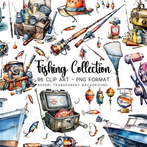Clipart de pesca, paquete de acuarela PNG/JPG, fondo transparente, sublimaciones de bricolaje, gráficos de agua