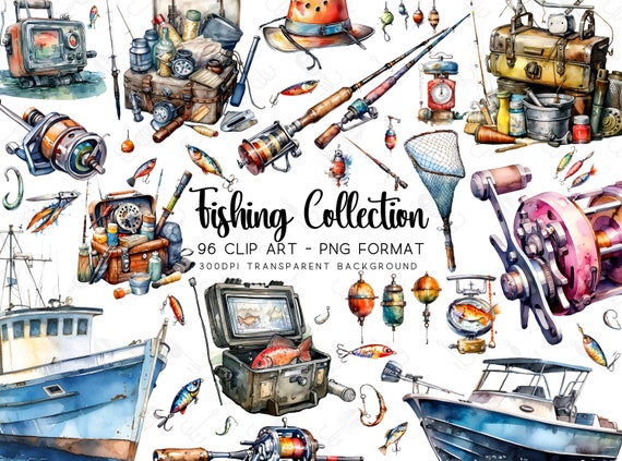 Fishing Clipart, Watercolor Bundle Set PNG/JPG, Transparent Background, DIY Sublimations, Water Graphics