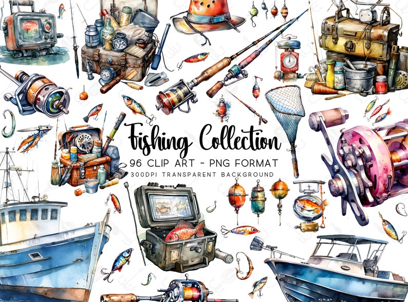 Fishing Clipart PNG Files | Transparent Background | High-Resolution Graphics. Versatile collection of fishing-themed clipart images featuring fishing rods, reels, boats, fish, and more. Perfect for DIY projects, stickers, and sublimations.