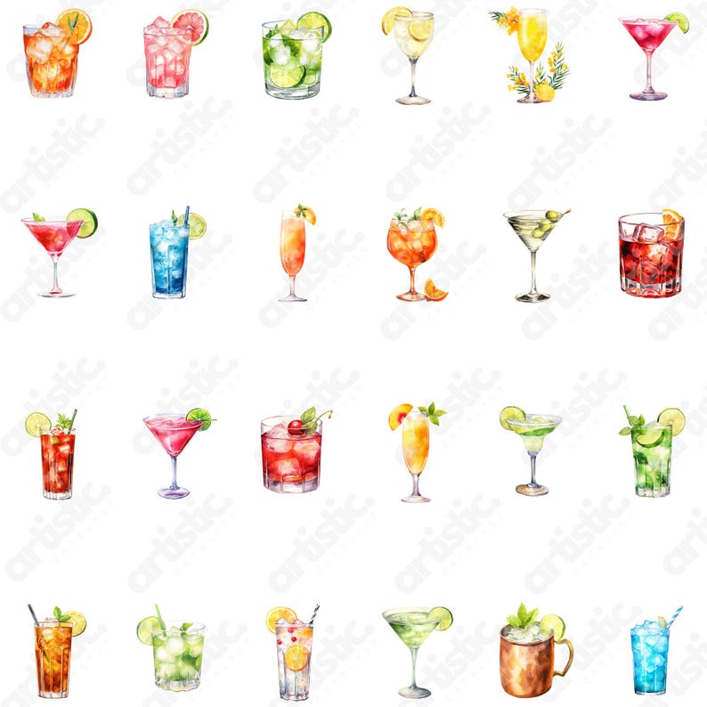 Organized display of cocktail PNG clipart files included in the bundle, featuring all drink illustrations in a scroll-friendly format.