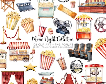 May include: A watercolor illustration set of movie night themed clip art. The set includes popcorn, movie tickets, a red carpet, a popcorn machine, a projector, a movie theater, and more. The illustrations are in a cartoon style and are perfect for creating invitations, party decorations, or scrapbooking.