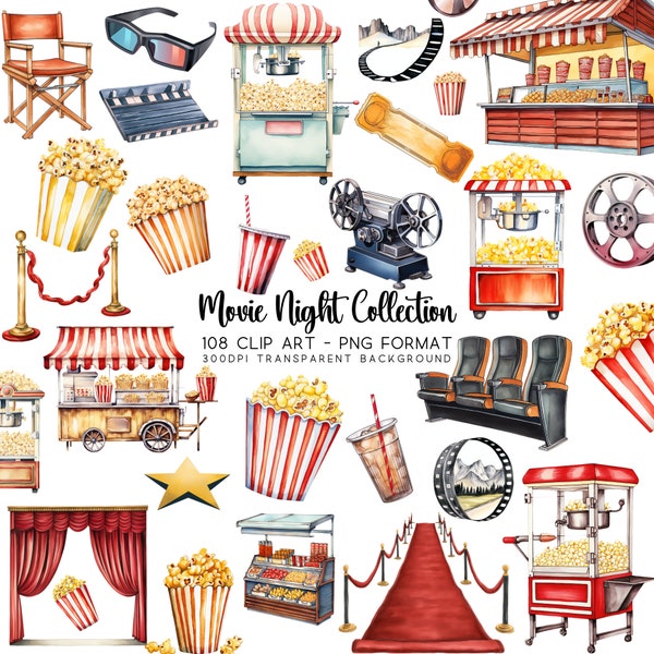 Movie Clipart Collection: Red Carpet Delights! - Movie Night PNG, Popcorn Machine, and More - 108 PNG & JPG Transparent Files