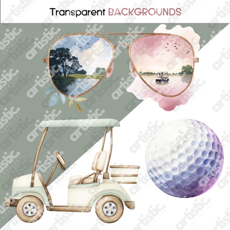 Sports clipart collection featuring golfing scenes, golf balls, and watercolor golf courses