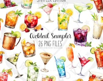 Watercolor Cocktail Clipart Bundle: Summer Drink PNG Collection (Digital Download)