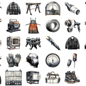 Esthetically grouped welder tool clipart images on a white background, showcasing various design elements in a visually pleasing layout