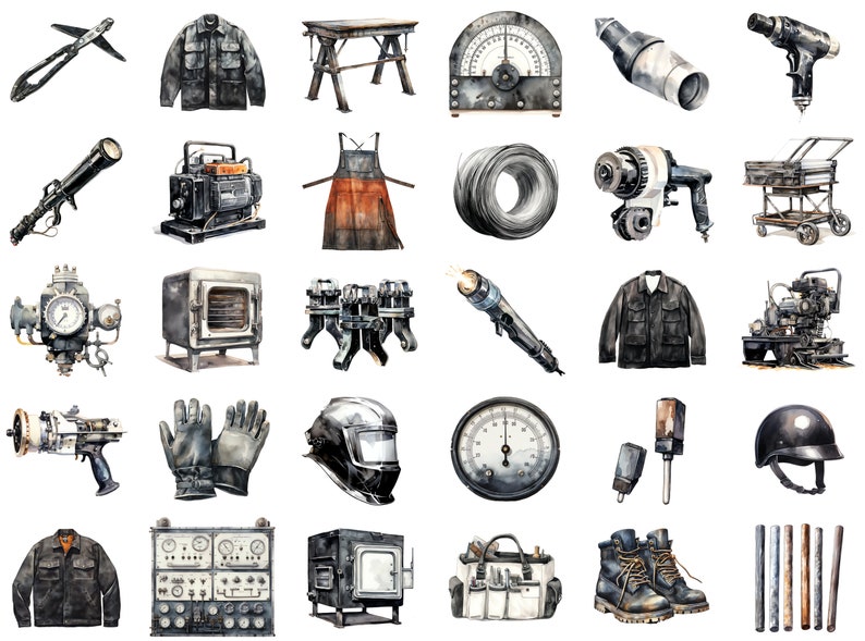 Esthetically grouped welder tool clipart images on a white background, showcasing various design elements in a visually pleasing layout