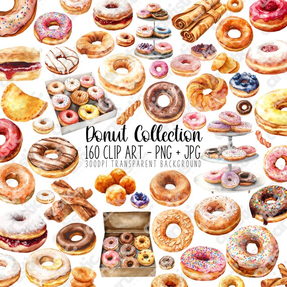 Watercolor Donut Clipart Bundle: 160 Baking PNG Images (Digital Download)