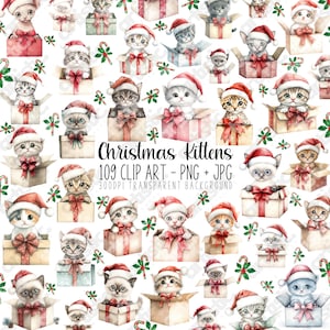 Clipart de Noël pour amoureux des chats - Art de Noël parfait - mignons chatons en cadeaux avec bonnet de Noel - Stickers chats de vacances