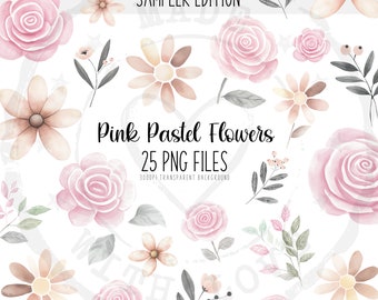 Pink Pastel Flower Clipart: Watercolor Rose PNG Bundle