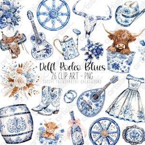 Clipart PNG bleu de Delft - bottes de cow-girl, noeud de coquette, bouquets de fleurs, ensemble d'illustrations aquarelle bleu et blanc