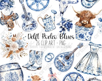 Delft Blue Clipart Bundle – 26 Watercolor PNGs, Cowgirl, Floral Boots, Highland Cow