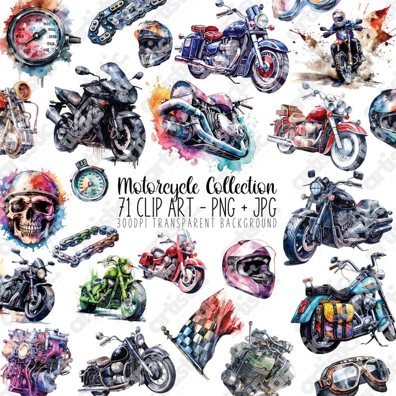 Watercolor motorcycle clipart with transparent background, perfect for DIY sublimation projects and customizable biker gifts