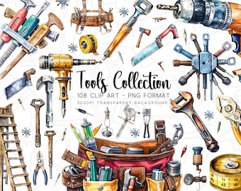 Paquete de imágenes prediseñadas de herramientas, acuarela PNG/JPG, fondo transparente, sublimaciones DIY, 108 gráficos de herramientas