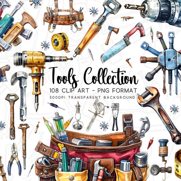 Tool Clipart Bundle, Watercolor PNG/JPG, Transparent Background, DIY Sublimations, 108 Tool Graphics