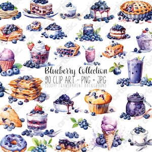 Blaubeere Clipart Bundle PNG Set Aquarell Sommerbeeren Desserts, Süßigkeiten, Obst Illustrationen für DIY Projekte und Party Einladungen