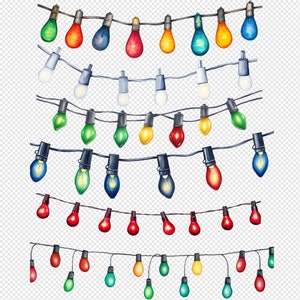 Black background featuring radiant Holiday Watercolour Illustration string lights clipart ensemble.