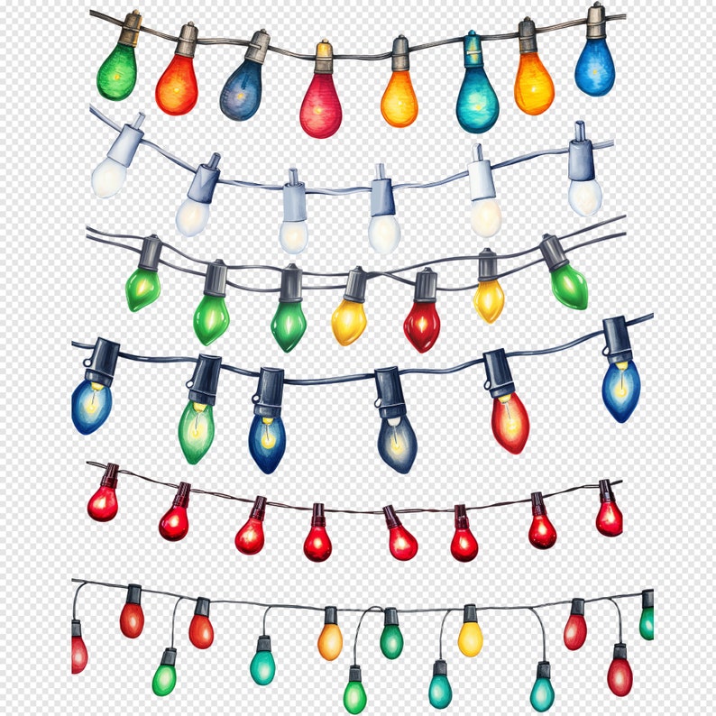 Black background featuring radiant Holiday Watercolour Illustration string lights clipart ensemble.