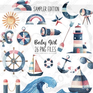 Sailor Clipart Bundle, nautisches Dekor, Anker PNG, süßes Segelboot, Leuchtturm, Aufkleber für Babypartyeinladungen und Küstenkunst