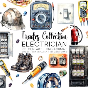 Elektrisches Clipart-Bundle-Set, 160 Aquarell PNG / JPG, transparenter Hintergrund, DIY Sublimationen, Werkzeuggrafiken