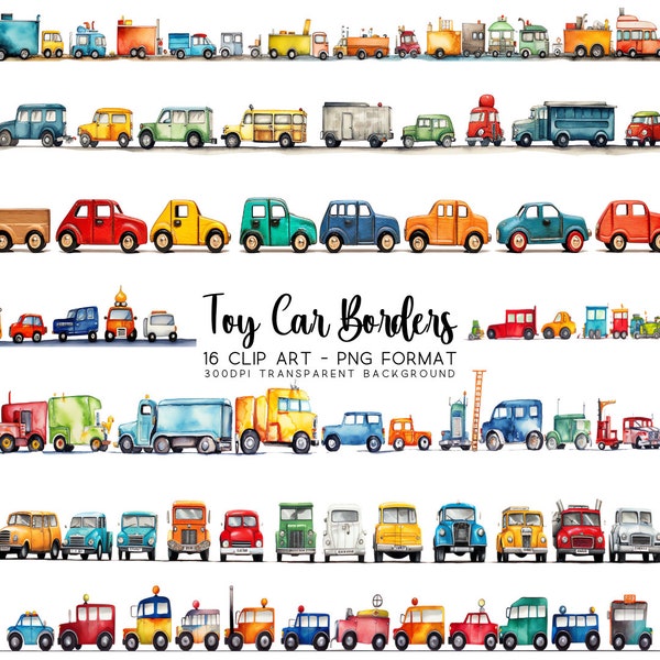 Toy Car Border Clipart Bundle, Watercolour PNG/JPG Set with Transparent Background, DIY Sublimation, Scrapbooking, Kids and Nursery