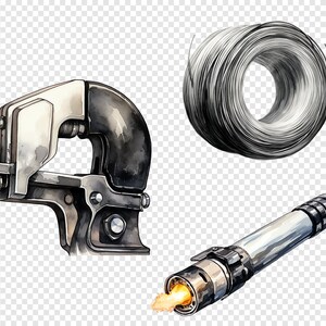 Stylish arrangement of welding tool clipart on a gray checkered transparent background, enhancing the richly detailed design elements