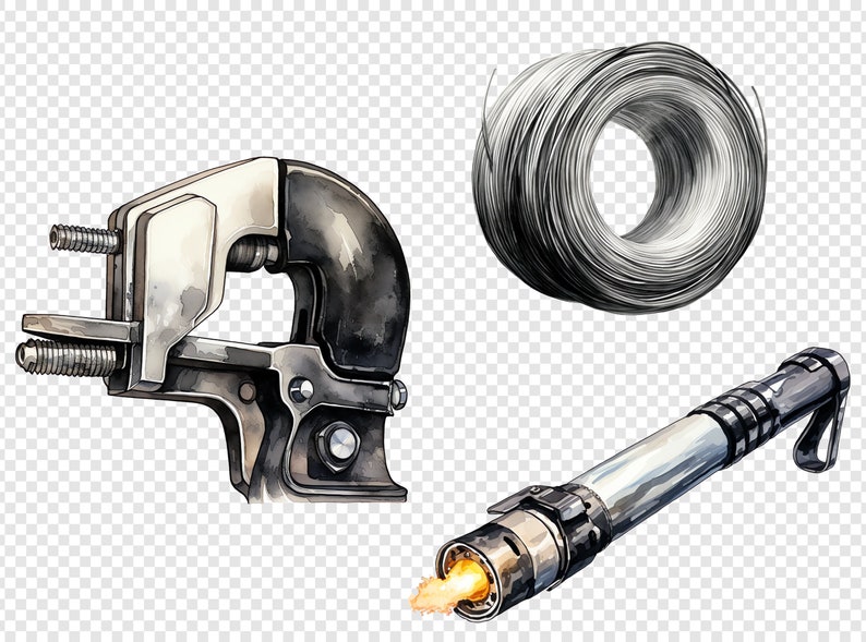 Stylish arrangement of welding tool clipart on a gray checkered transparent background, enhancing the richly detailed design elements