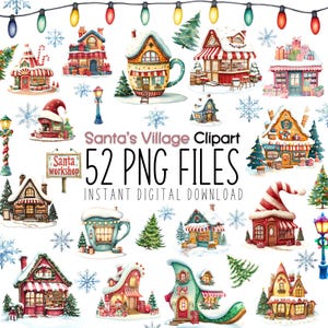 Santa Village Clipart PNG: Julstad akvarellgrafik (digital nedladdning
