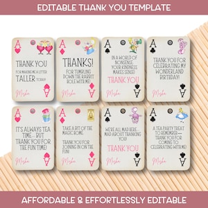 Bewerkbare afdrukbare sjabloon bedankkaartje - Alice in Wonderland Party Favor Grillige Tea Time Card voor Kids Party Decor DIY stickerontwerpen