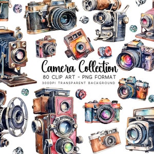 Clipart della fotocamera, 80 bundle di clipart della fotocamera DSLR, PNG/JPG acquerello, sfondo trasparente, sublimazioni, grafica vintage
