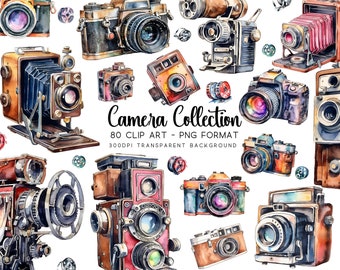 Camera Clipart, 80 DSLR Camera Clip art Bundle, Watercolor PNG/JPG, Transparent Background, Sublimations, Vintage Graphics