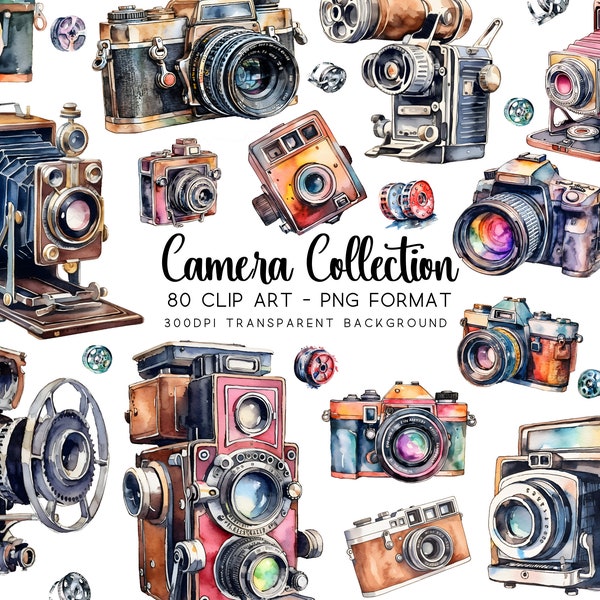 Camera Clipart, 80 DSLR Camera Clip art Bundle, Watercolor PNG/JPG, Transparent Background, Sublimations, Vintage Graphics