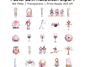 May include: A collection of watercolor illustrations with a pastel goth Halloween theme. The images include a mummy, ghosts, witches, a pumpkin, wine glasses, an owl, a spider, and a tombstone. Text reads "Pastel Goth Halloween Clipart".